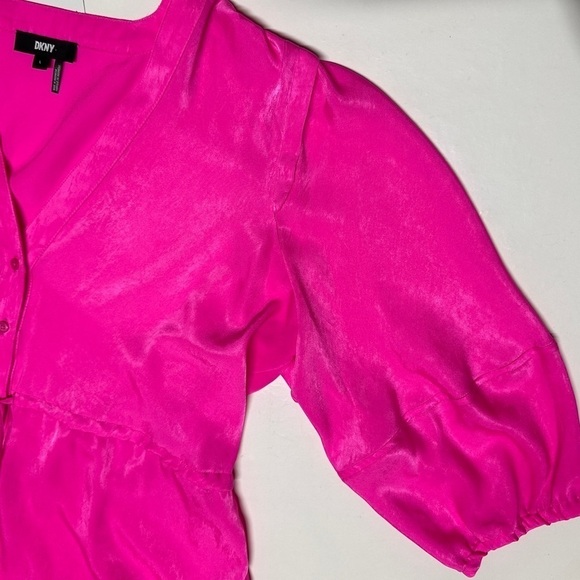 DKNY Women's Satin 3/4-Sleeve Peplum Top Hot Pink Soft Bloused Waist Size Large - Picture 7 of 10